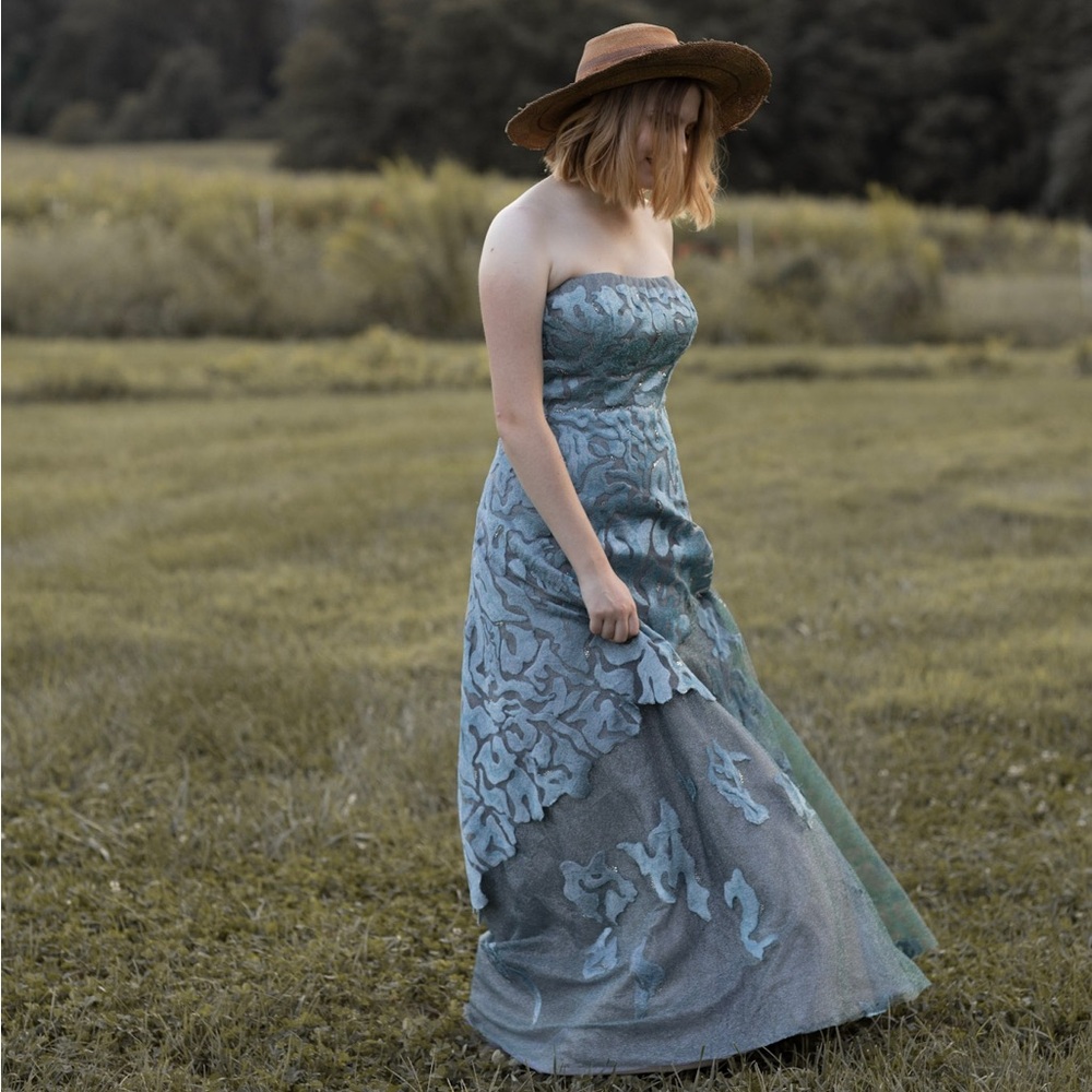 Rene Ruiz Strapless Teal and Gray Dress Formal Gown Size 6